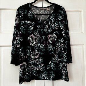 Chico's Size 2‎ Purple Black Teal Floral V Neck Blouse Chicos Large Flowy Slinky